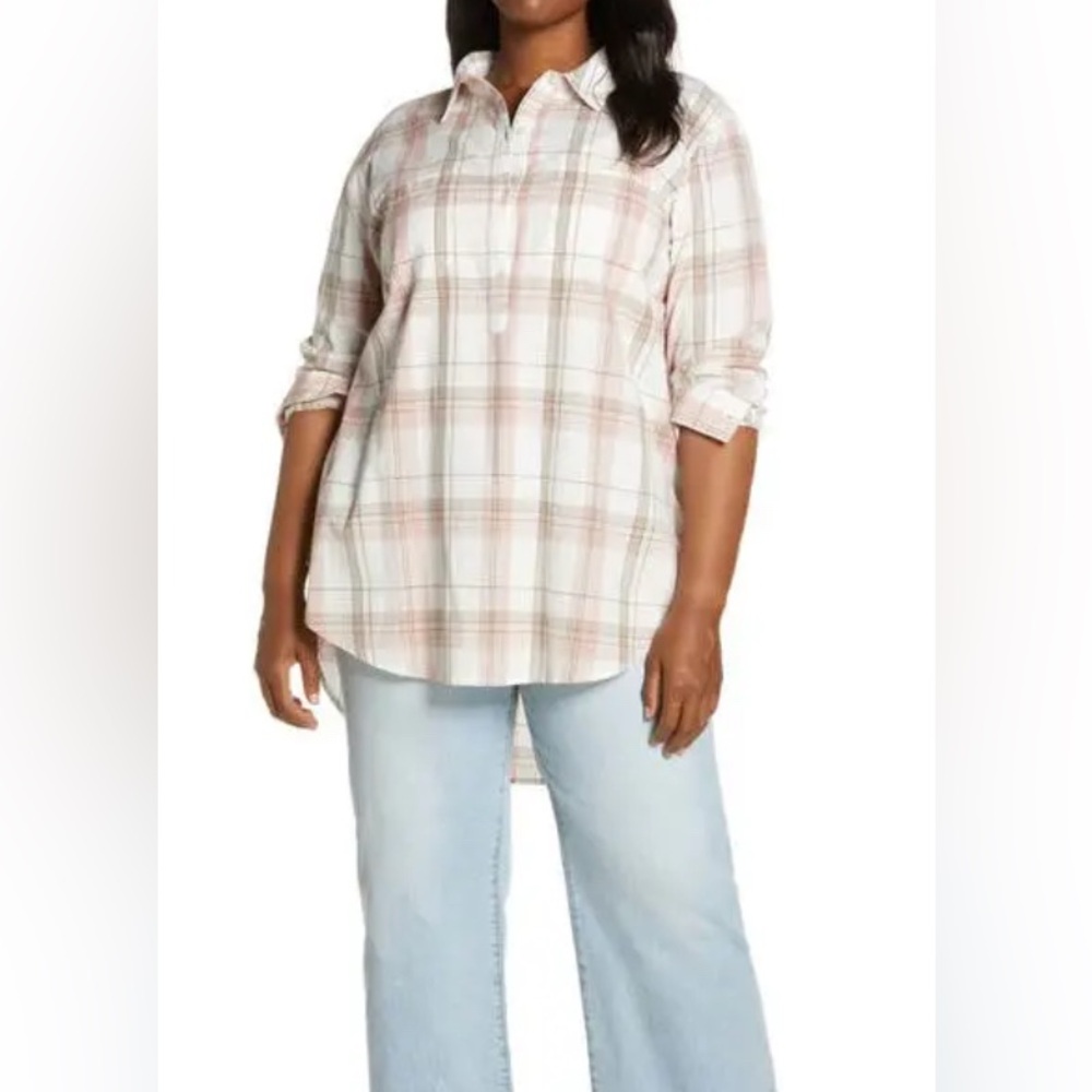 NWT Caslon Plaid Long Sleeve Cotton Shirt - Tan Pink Plaid - Size XXL